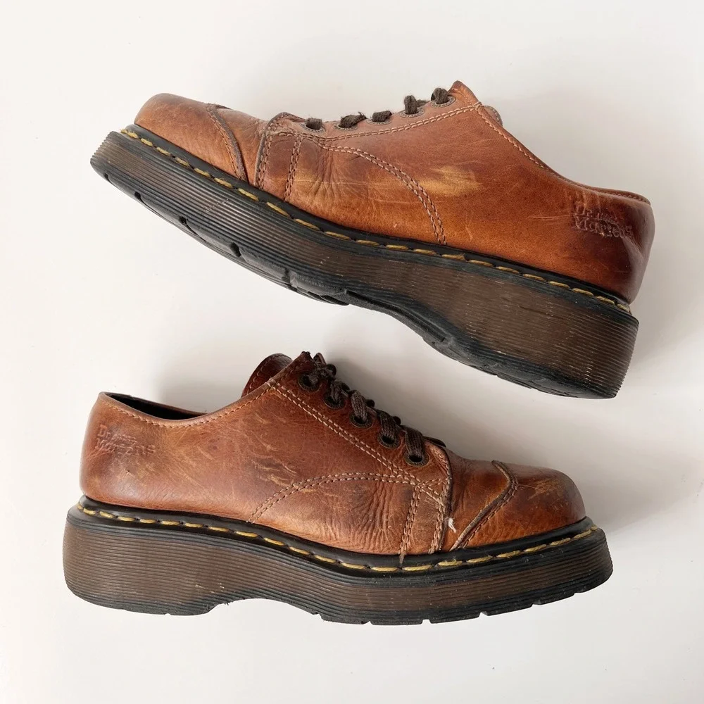 Vintage Dr. Martens Platform Oxfords Brown Leather Chunky Mary Jane Boots Size 8